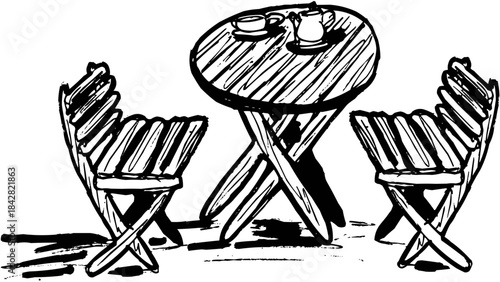 Line Art Outline Wooden Outdoor Table and Two Chairs
