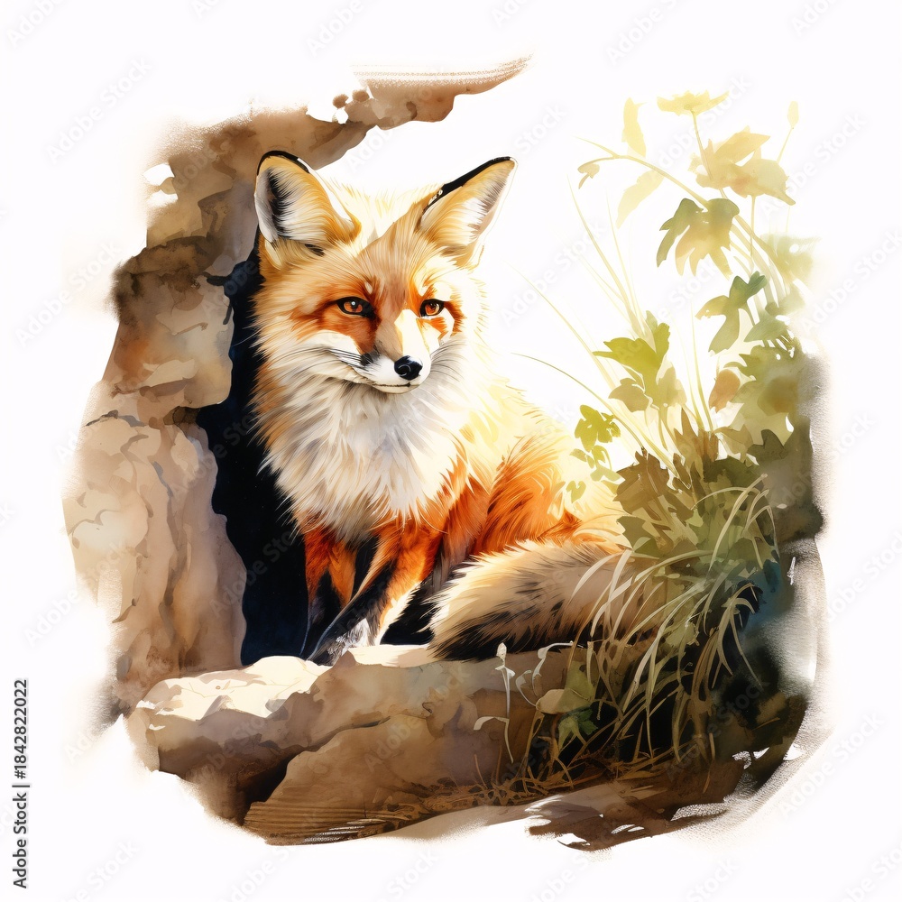 Obraz premium Watercolor painting of a red fox relaxing near its den during the daytime