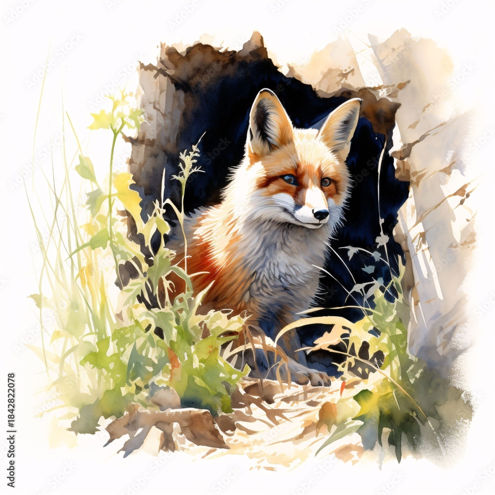 Obraz premium Charming fox watches the world from its den