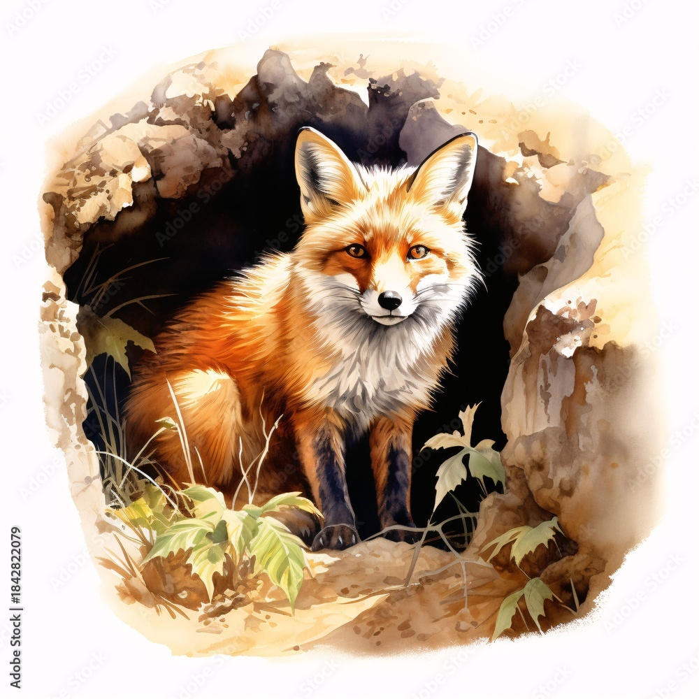 Obraz premium Fox sitting in a den, illustrated in watercolor style with expressive brushstrokes
