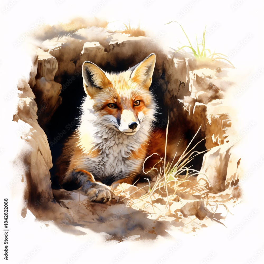 Obraz premium Fox rests peacefully in its den, a watercolor illustration
