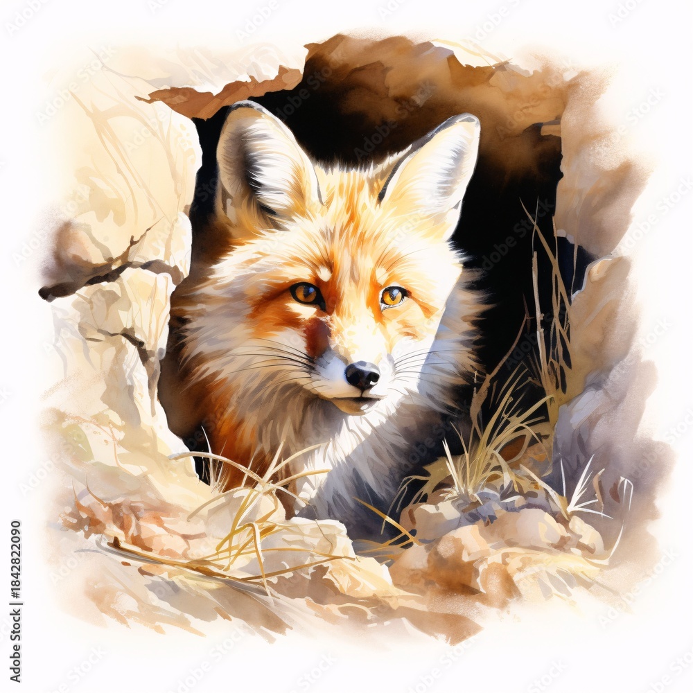 Obraz premium Watercolor illustration of a fox peering out of its den with keen eyes