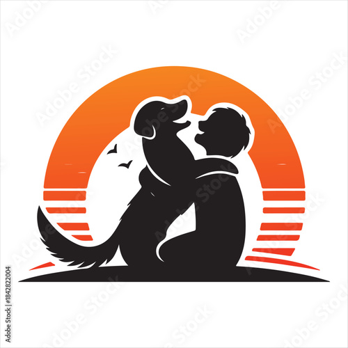 Golden Retriever Dog Hugging Owner at Sunset vector Silhouette outline logo design concept illustration