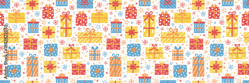Seamless pattern with cute cartoon gift boxes. Christmas background design. Banner. Vector illustration