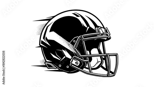 Vector illustration of American football helmet, bold angular design, dynamic shadows, modern sports branding style, isolated on white