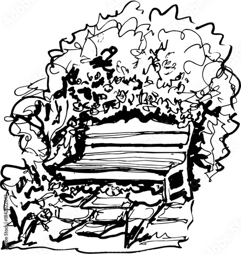 Hand-Drawn Sketch Wooden Bench with Bushes Surrounding
