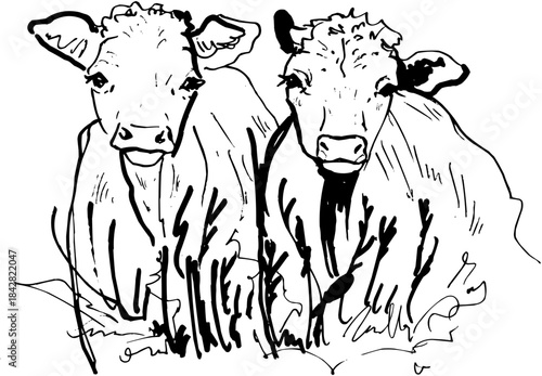 Line Art Outline Two Cows Standing Next to Each Other