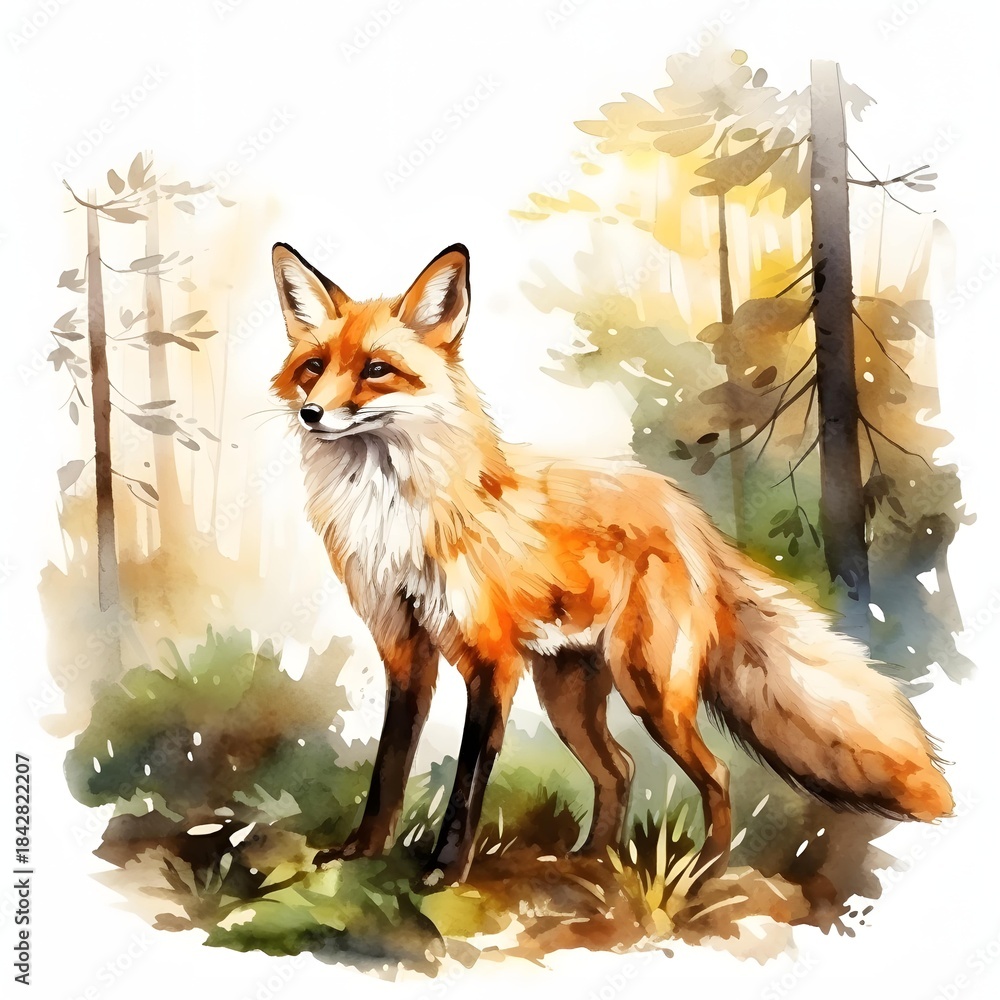 Obraz premium Watercolor painting of a red fox standing in a misty forest