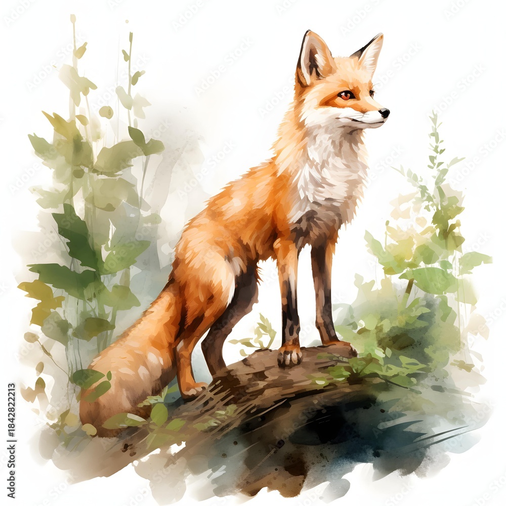 Obraz premium Fox sitting on a log in a forest watercolor illustration with greenery all around