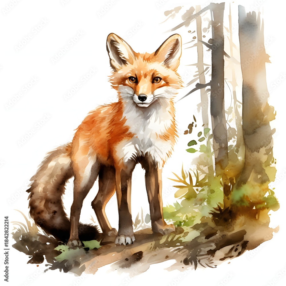 Obraz premium Fox in a forest depicted in watercolor style stands alert on a fallen log