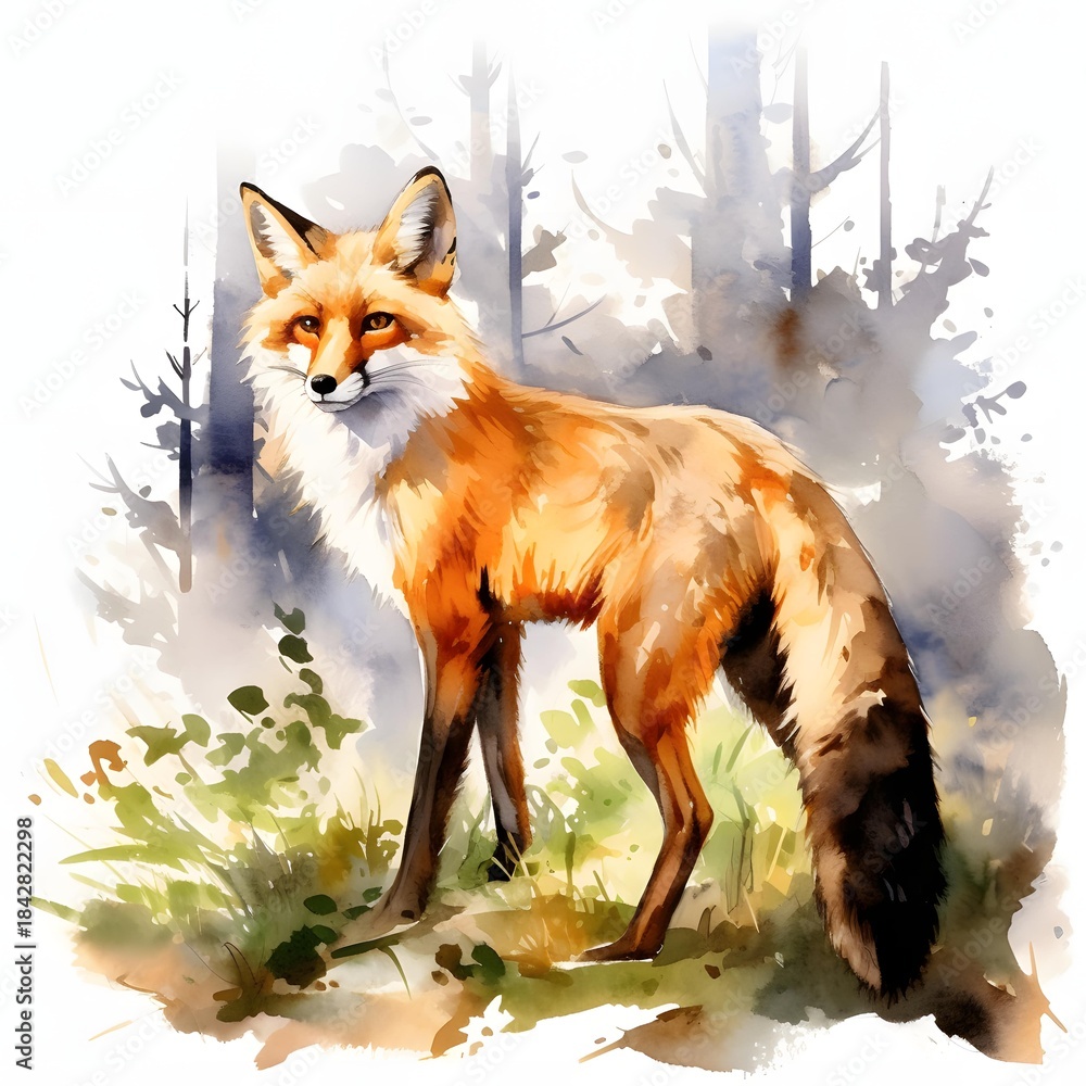 Naklejka premium Watercolor painting of a fox standing in a misty forest landscape