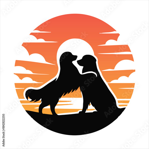 Golden Retriever Dog Hugging Owner at Sunset vector Silhouette outline logo design concept illustration
