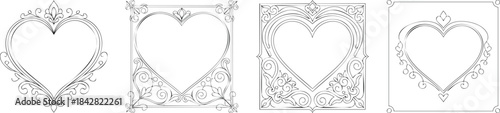 Simple heart frame doodle with ornamental flourish edges forming retro gallery border in minimal clean style