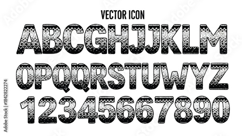 Vector icon alphabet and numbers displayed in a decorative font style on a clean white background.