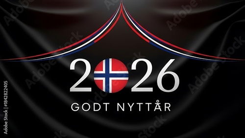 Norwegian new years eve celebration with 2026 and godt nytt r text on black background with red blue and white design
