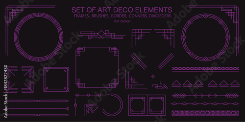Set of Art Deco style geometric design elements, featuring round and rectangular frames, corner decorations, dividers, and pattern brushes with black on white corner accents, ideal for graphic design,
