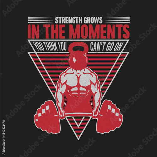 A stylized illustration of a powerful, muscular body with a kettlebell for a head, set against a triangular background with a motivational fitness quote.