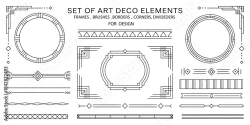 Set of Art Deco style geometric design elements, including round and rectangular frames, corners, dividers, and pattern brushes with corner accents in black on white, perfect for invitations, posters,