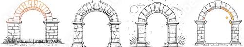 Stone arch frame outline featuring ancient architectural stone texture illustrated with smooth bold minimal line design