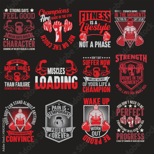 A collage of twelve distinct graphic designs featuring motivational fitness quotes, gym-related imagery, and bold typography in red and black.
