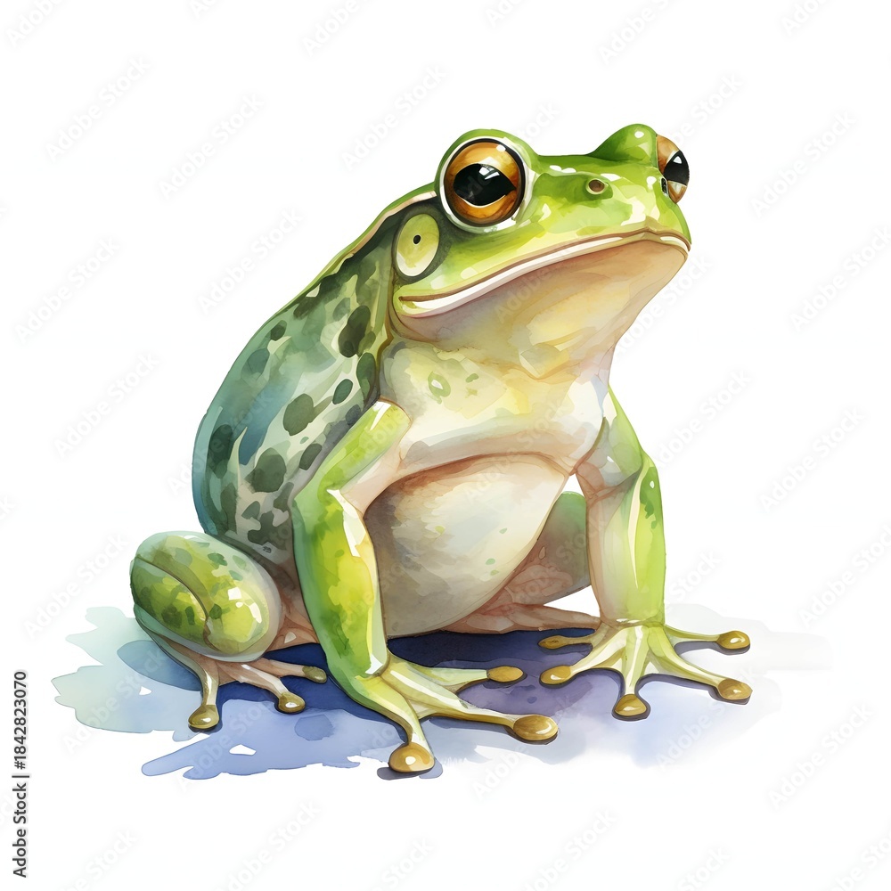 Obraz premium Watercolor painting of a green frog sitting down and looking forward