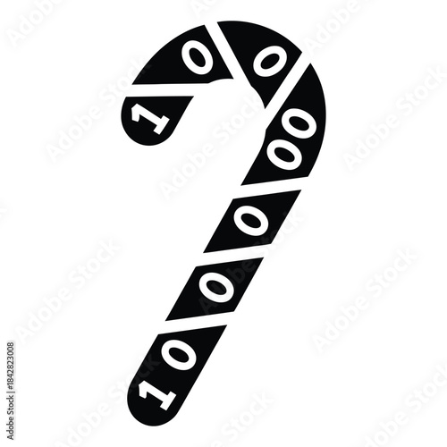 Black and white candy cane with binary code segments, digital holiday treat, numeric festive design, computer science christmas symbol, coding celebration