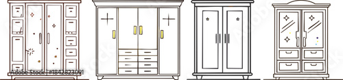 Wardrobe front view outline showing architectural closet furniture icon illustrated with thick bold minimal line art