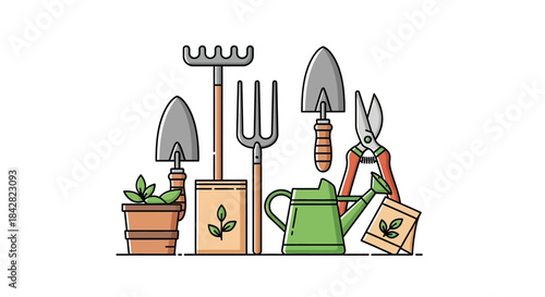 Gardening tools and supplies including trowel, pruners, watering can, and potted plant on white background, perfect for gardening and landscaping projects