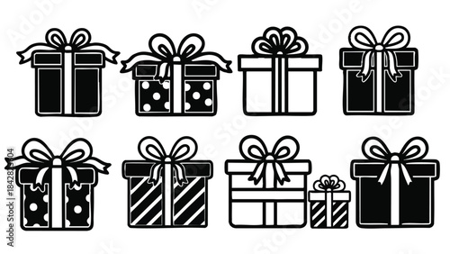 Collection of gift boxes with bows and ribbons, varying sizes and patterns, presented in a clean graphic style.