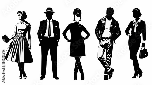 Vintage Fashion Silhouettes of Men and Women in Classic Styles.