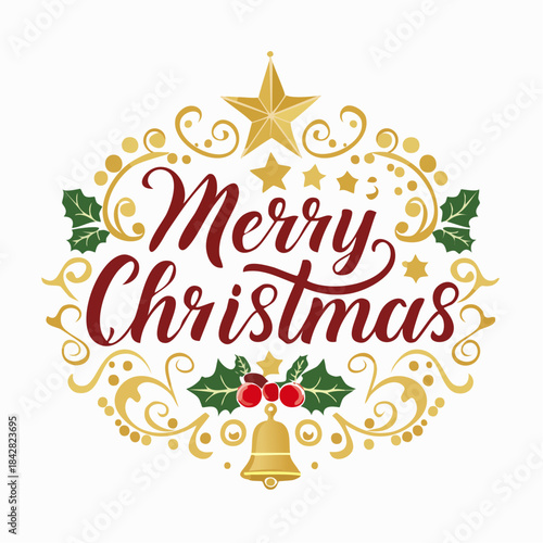 Elegant merry christmas greeting with ornate gold swirls and festive embellishments