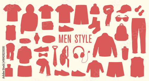 Men Style. Fashion. A red vector silhouette icon set of various men's clothing, accessories, and gadgets for a fashion blog, an e-commerce website, or a style guide design project.