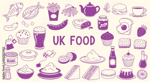 UK Food. Great Britain. A purple vector icon set of classic British food like fish and chips, scones, and tea for a pub menu, a travel guide, or a cultural design project illustration.