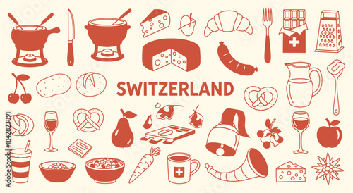 Switzerland. Swiss Food. A red vector icon set of classic Swiss cuisine like fondue, raclette cheese, and chocolate for a restaurant menu, a travel guide, or a food blog design.