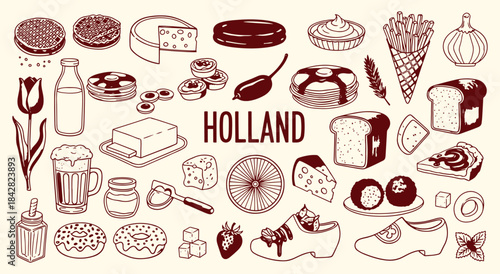 Holland. Dutch Food. A hand drawn vector doodle set of classic Dutch food and symbols like stroopwafel, cheese, and wooden shoes for a restaurant menu, a travel guide, or a food blog.