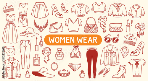 Women Wear. Fashion. Doodle. A hand drawn vector line art set of various women's clothing and accessories for a fashion blog, an e-commerce store, a boutique, or a style guide design.