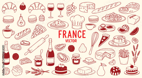 France. French Food. A red hand drawn vector line art doodle set of classic French cuisine for a restaurant menu, a Parisian cafe's branding, a cookbook, or a travel blog graphic.