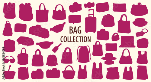 Bag. Collection. A pink vector silhouette icon set of various bags, luggage, and purses for a fashion blog, an e-commerce website, a travel agency, or a retail store branding design.