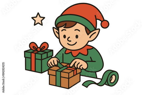 Christmas Helper Elf Closing Gift Box with Tape, Cartoon Vector