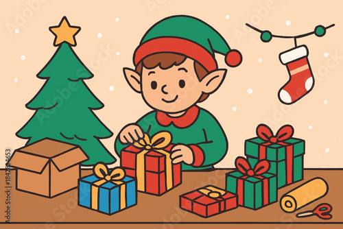 Cute Christmas elf packing colorful gifts on table, flat vector