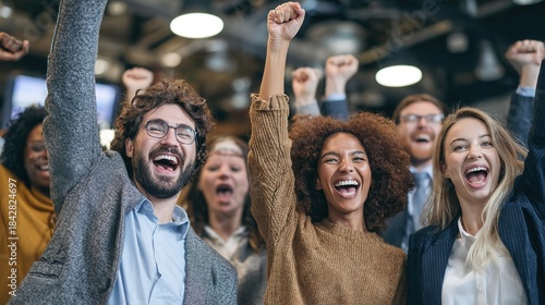 Triumphant Crowd in Celebration: A group of diverse people celebrates with arms raised, their faces reflecting elation, unity, and shared success. Capturing the spirit of joy and achievement
