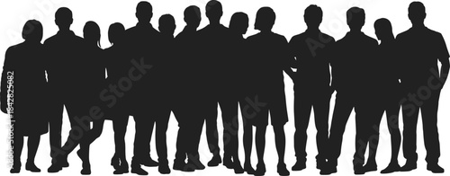 Diverse group of people silhouettes standing together, large crowd, community, unity, teamwork, friendship.