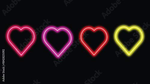 Four vibrant neon heart outlines glow brightly against a deep creating a striking visual display of love and affection in modern art style