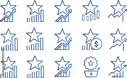 Visual representation of business growth and success with stars charts and upward trending graphs shown