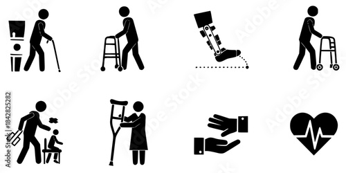 Cane Walker Gait Instruction Vector Silhouette