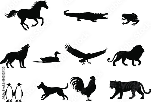 Animal silhouette set, horse crocodile frog wolf duck eagle lion penguin dog rooster tiger, black vector wildlife icons