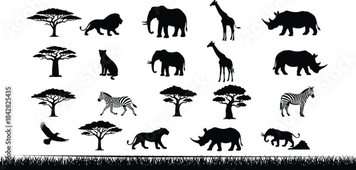 African wildlife silhouette set, savanna animals, lion elephant giraffe zebra rhino, acacia tree scene, black vector nature illustration