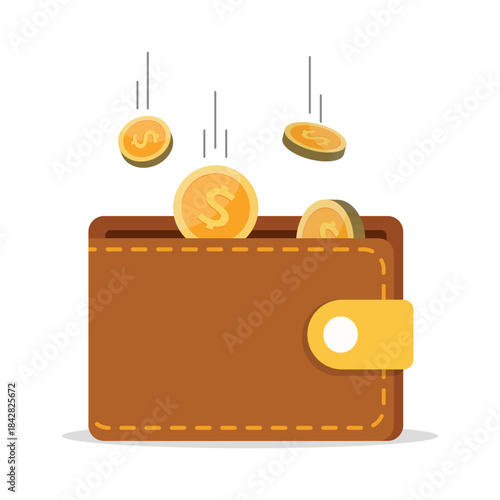 Saving money concept. Brown leather wallet with gold coins falling into it. Financial income concept. Vector illustration.