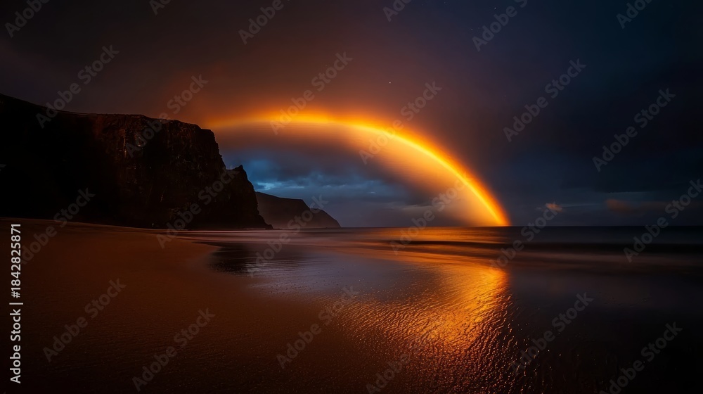 Obraz premium Majestic rainbow formation over cliffs stunning beach scene nature photography serene coastal environment wide-angle view awe-inspiring wonder