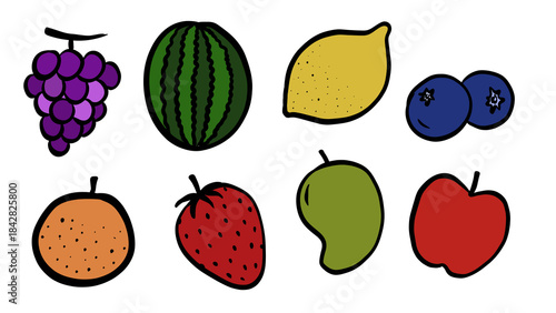 Photography Flat vector illustration of assorted colorful fruits; grapes, watermelon, lemon, blueberries, orange, strawberry, mango and apple; transparent background
